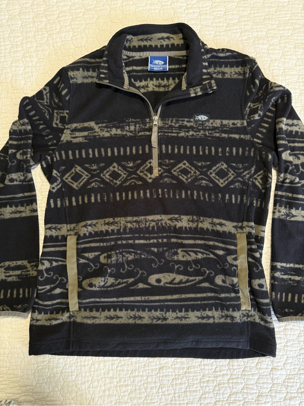 AFTCO Black and Tan Patterned Quarter-Zip Fleece Pullover
